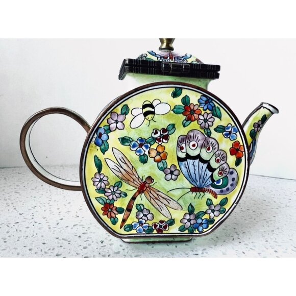 Signed Kelvin Chen Cloisonné Enamel Mini Teapot Butterfly & Dragonfly Design COA - Picture 5 of 11